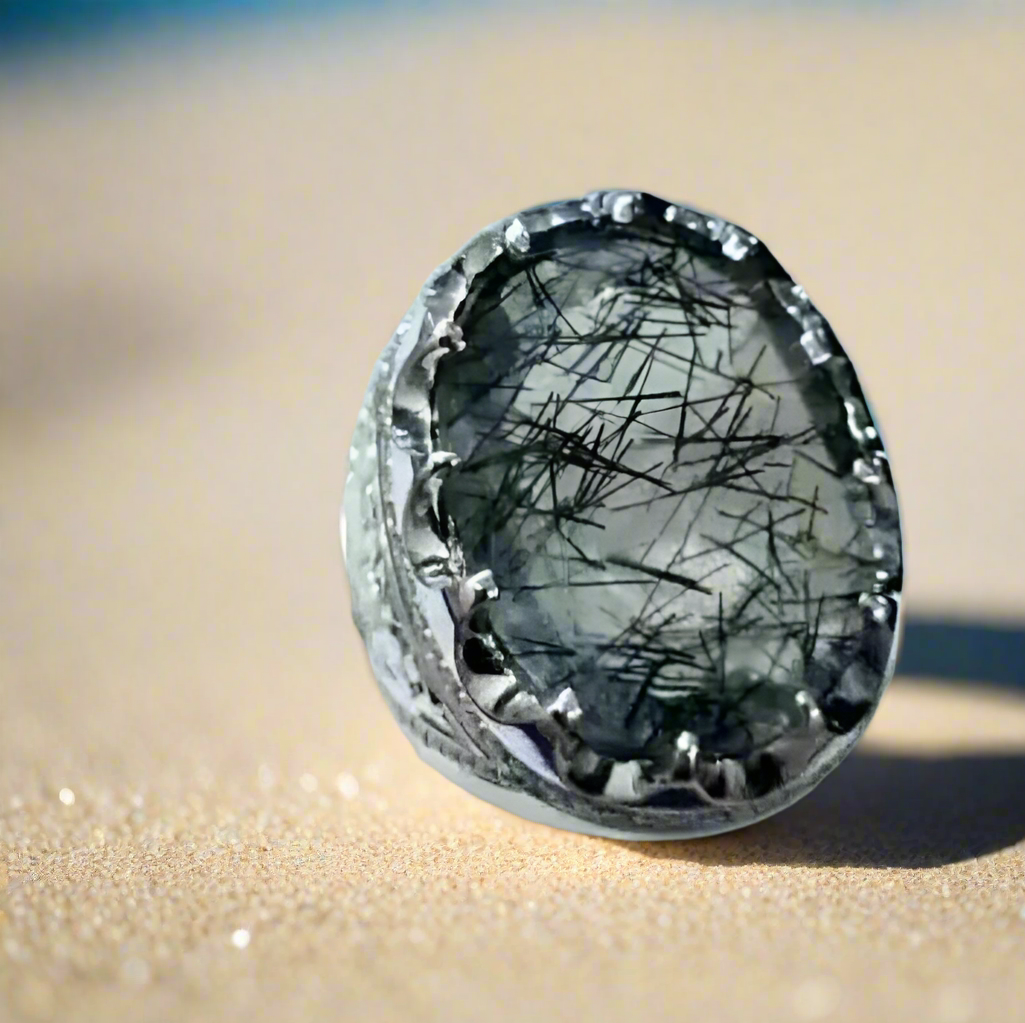 Natural Muh e Najaf Sterling Silver 925 Handmade Mens Ring Rutilated Quartz Ring