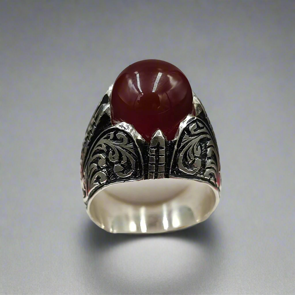 Blood Red Aqeeq Ring - Sterling Silver Natural Men's Agate Ring