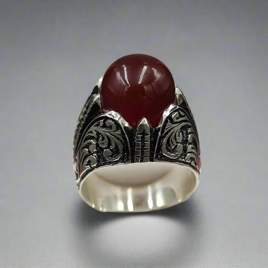 Blood Red Aqeeq Ring - Sterling Silver Natural Men's Agate Ring Heavenly Gems