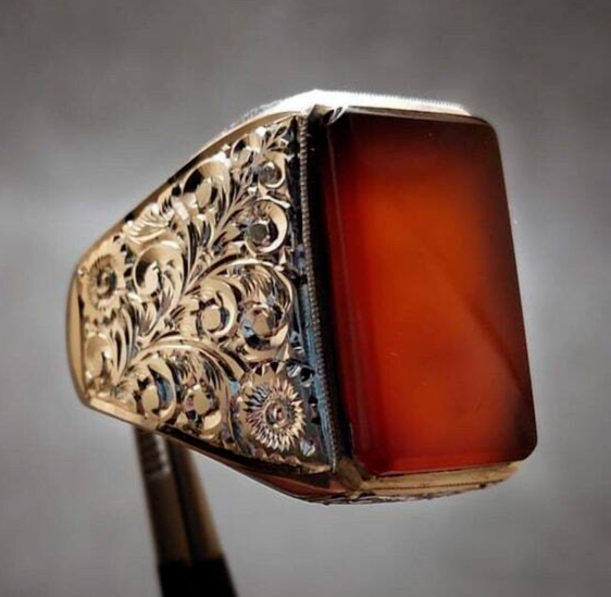 Natural Mens Red Yemen Agate Rectangular Cut Ring Red Carnelian Ring For Men Silver 925 Handmade - Heavenly Gems