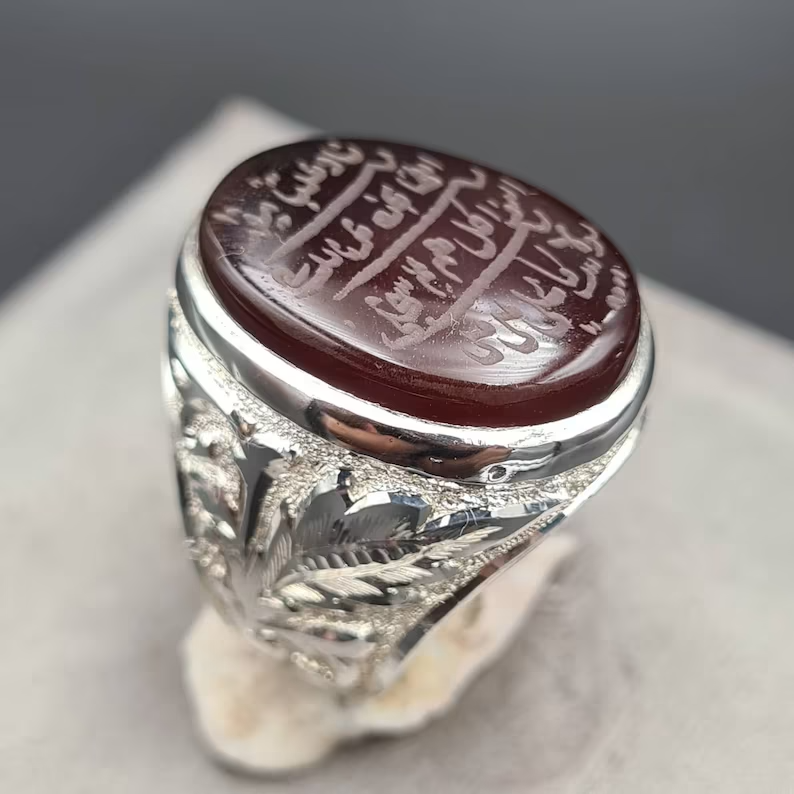 Naad-e-Ali Written Yemeni aqeeq ring | Mens Agate ring | Real yamani aqeeq rings Silver 925 - Heavenly Gems