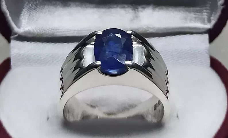 Natural 3.5 Carat Deep Blue Sapphire Mens Ring Sterling Silver 925 Handmade ring - Heavenly Gems