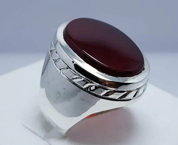 Handcrafted Yemeni Aqeeq Ring - Sterling Silver Agate Bague for Men - Heavenly Gems