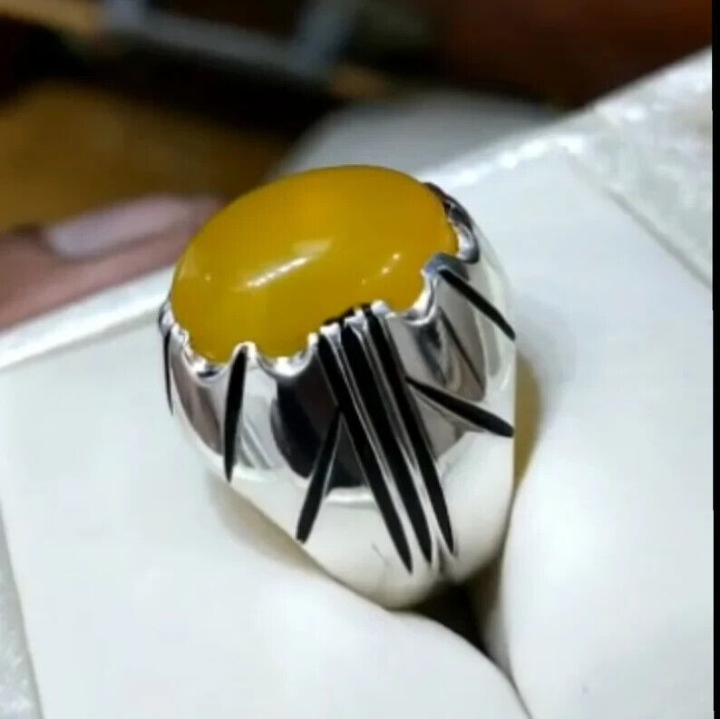 Yemeni Aqeeq Rings Natural Zard Aqeeq Ring Carnelian Yellow Agate Silver 925 men - Heavenly Gems