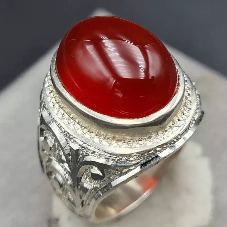 Men's Natural Red Yemeni Agate Stone Ring - Hand-Engraved Artisan Design - Heavenly Gems