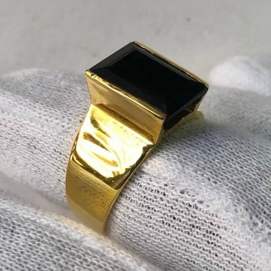 Yemeni Aqeeq Ring For Men, 14k yellow Gold Agate Ring, Natural Black Aqeeq Ring - Heavenly Gems