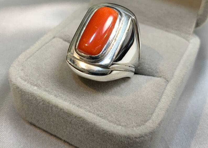 Natural Mens Red Coral Ring Sterling Silver 925 Handmade Ring High Quality Coral - Heavenly Gems