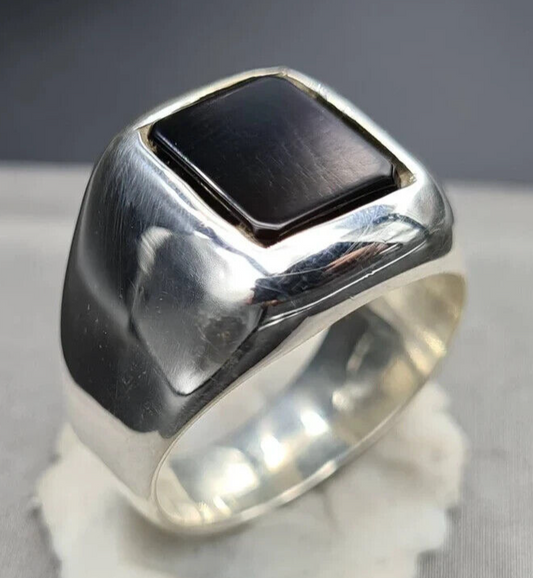 Mens Deep Black Shifat al Abad Yemeni Aqeeq Ring Kabadi Black Aqeeq agate 925 Sterling Silver - Heavenly Gems