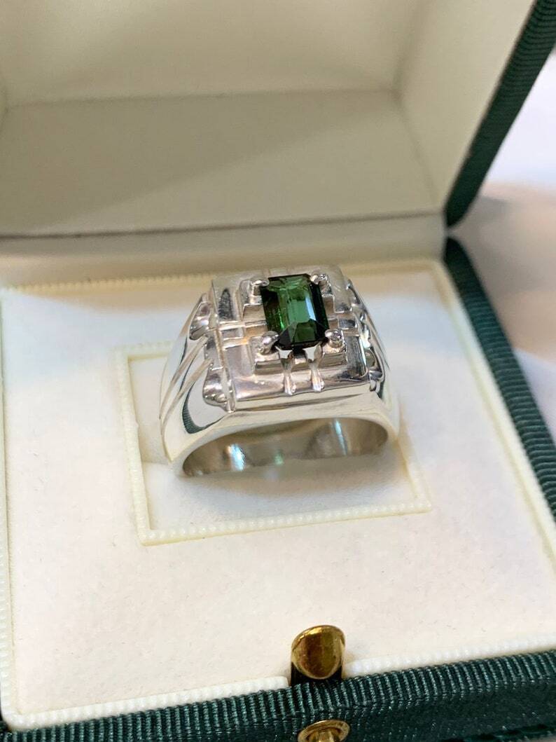 Natural Mens Green Tourmaline Ring Sterling Silver 925 Handmade Ring Elegant - Heavenly Gems