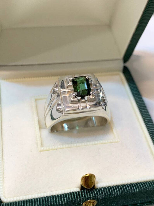 Natural Mens Green Tourmaline Ring Sterling Silver 925 Handmade Ring Elegant - Heavenly Gems