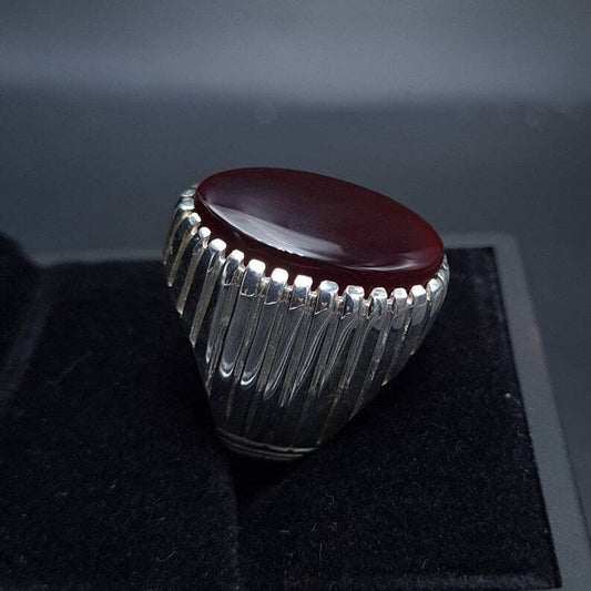 Yemeni Aqeeq Ring Yameni Oval Cut Deep Red Aqeeq Ring Agate Ring Big Black red Aqeeq Agate Ring Sterling Silver 925 (Premium Quality) - Heavenly Gems