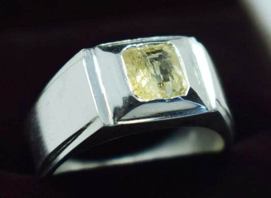 Yellow Sapphire Pukhraj Ring - Sterling Silver Ceylon Sapphire Men's Jewelry - Heavenly Gems