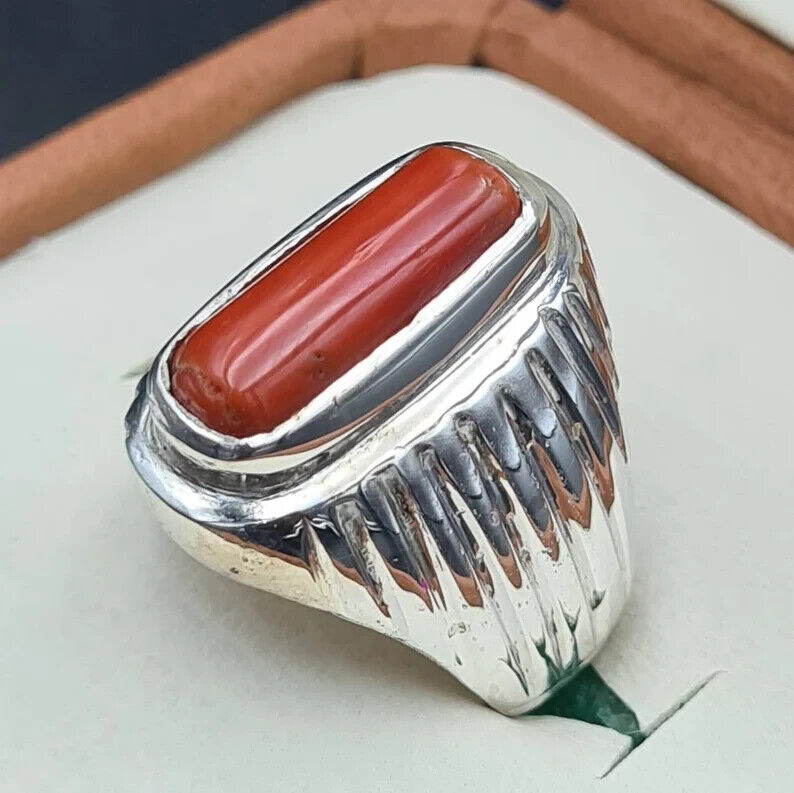 Untreated Real Coral ring Mens Coral Ring Marjan rings Top reddish Orange coral - Heavenly Gems