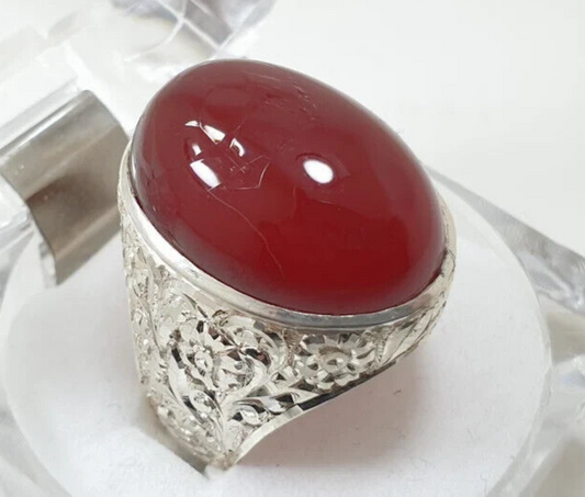 Mens Yemeni Aqeeq Oval Cut Ring Deep Blood Red Yamni Agate Ring For Men Natural Agate man 925 Sterling Silver - Heavenly Gems