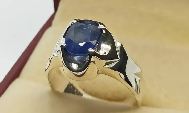 Natural Royal Deep Blue Sapphire Mens Ring Sterling Silver 925 Handmade Blue man - Heavenly Gems