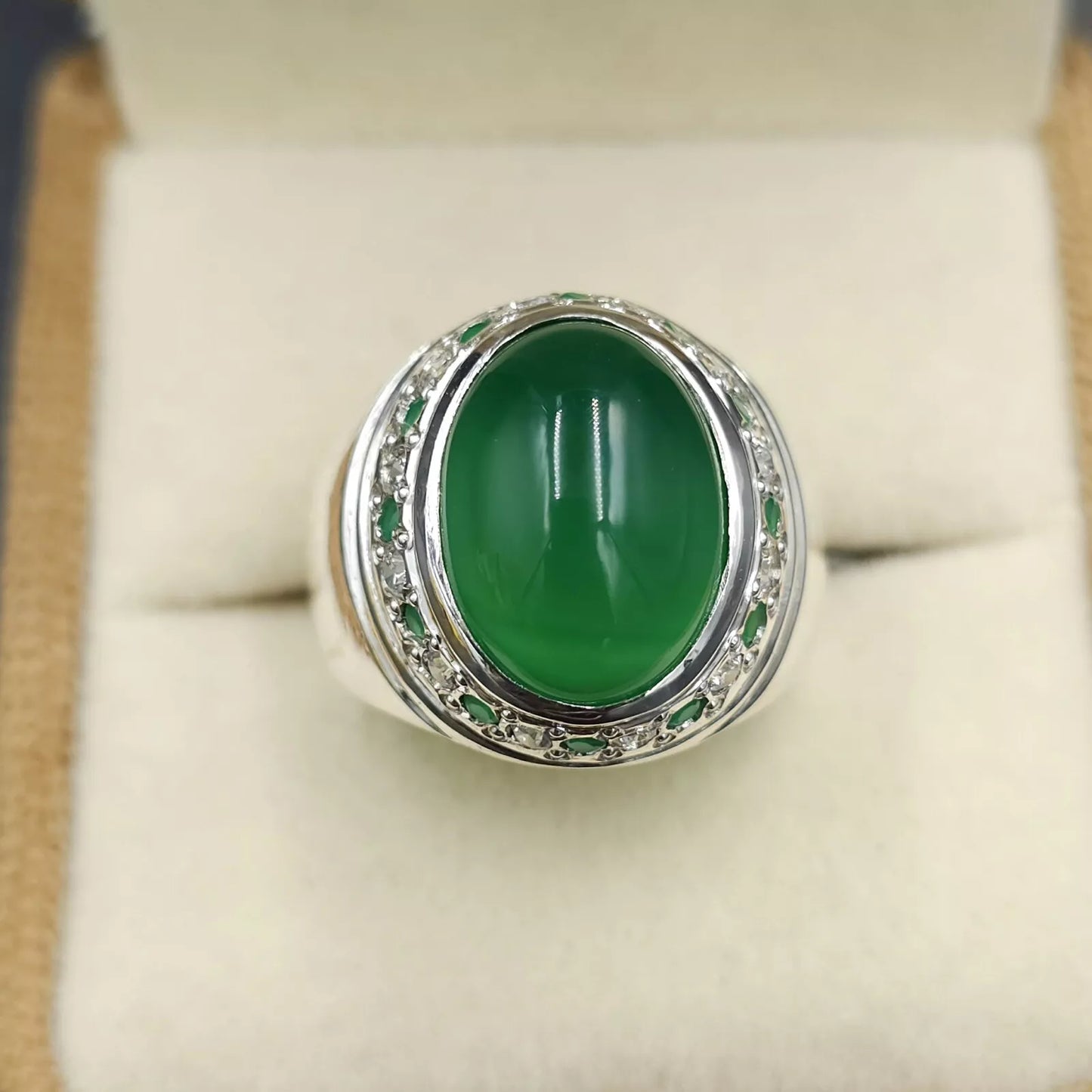 Natural Green Yemeni Aqeeq Ring - Sterling Silver Mens Agate Shia Ring - Heavenly Gems