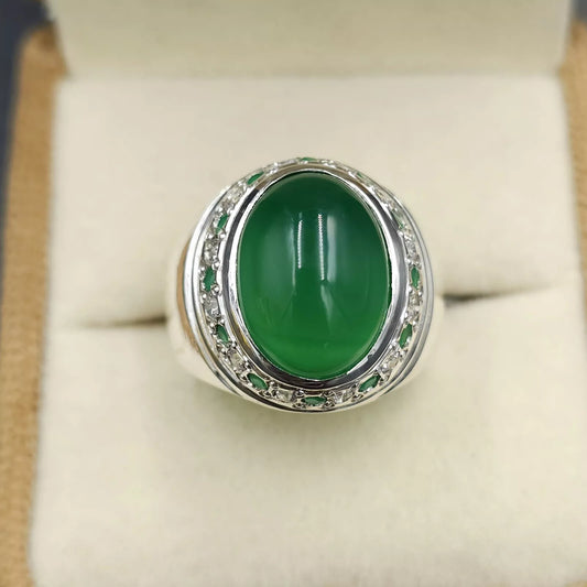 Natural Green Yemeni Aqeeq Ring - Sterling Silver Mens Agate Shia Ring - Heavenly Gems