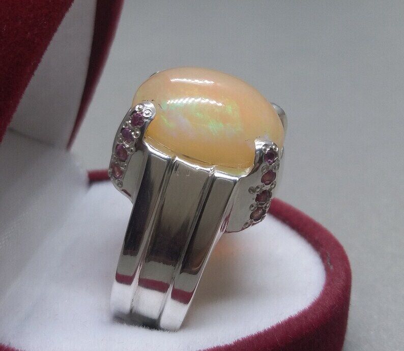 Natural Unheated Untreated Big Fire Opal Mens Ring Sterling Silver 925 ring - Heavenly Gems