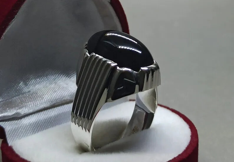 Men's Natural Unheated Untreated Black Onyx Ring - Sterling Silver 925 Agate Gemstone - Heavenly Gems