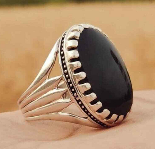 Mens Agate Ring Handmade Aqeeq Ring Black Yemeni Aqeeq Ring man ring akik Sterling Silver 925 (Premium Quality) - Heavenly Gems