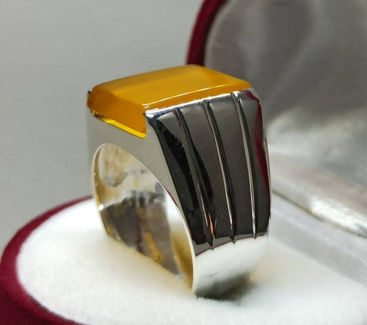 Natural Yemeni Zard Aqeeq Mens Ring Sterling Silver 925 Yellow Agate Ring Yemen - Heavenly Gems