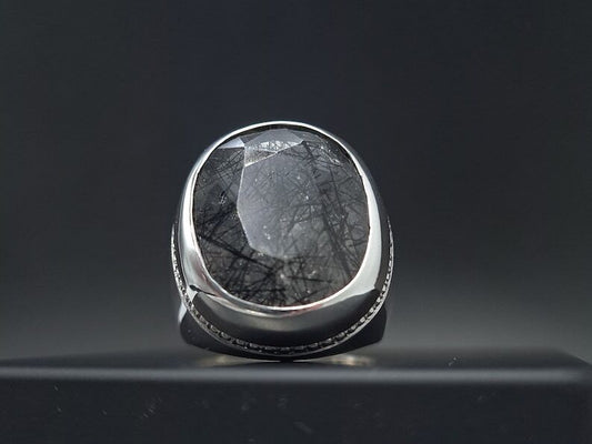Natural Muh e Najaf Mens Sterling Silver 925 Handmade Ring Rutilated Quartz Ring - Heavenly Gems