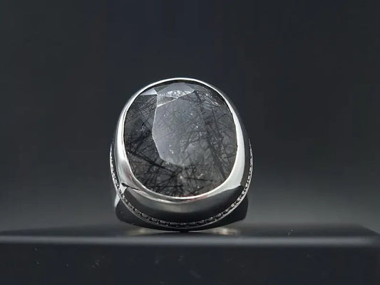 Natural Muh e Najaf Mens Sterling Silver 925 Handmade Ring Rutilated Quartz Ring - Heavenly Gems