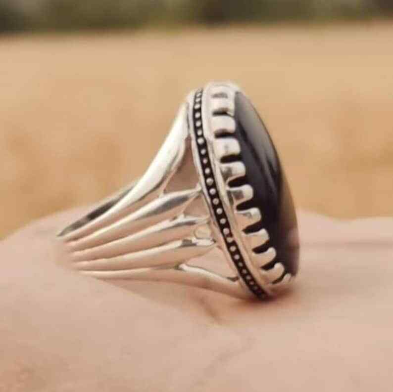 Mens Agate Ring Handmade Aqeeq Ring Black Yemeni Aqeeq Ring man ring akik Sterling Silver 925 (Premium Quality) - Heavenly Gems