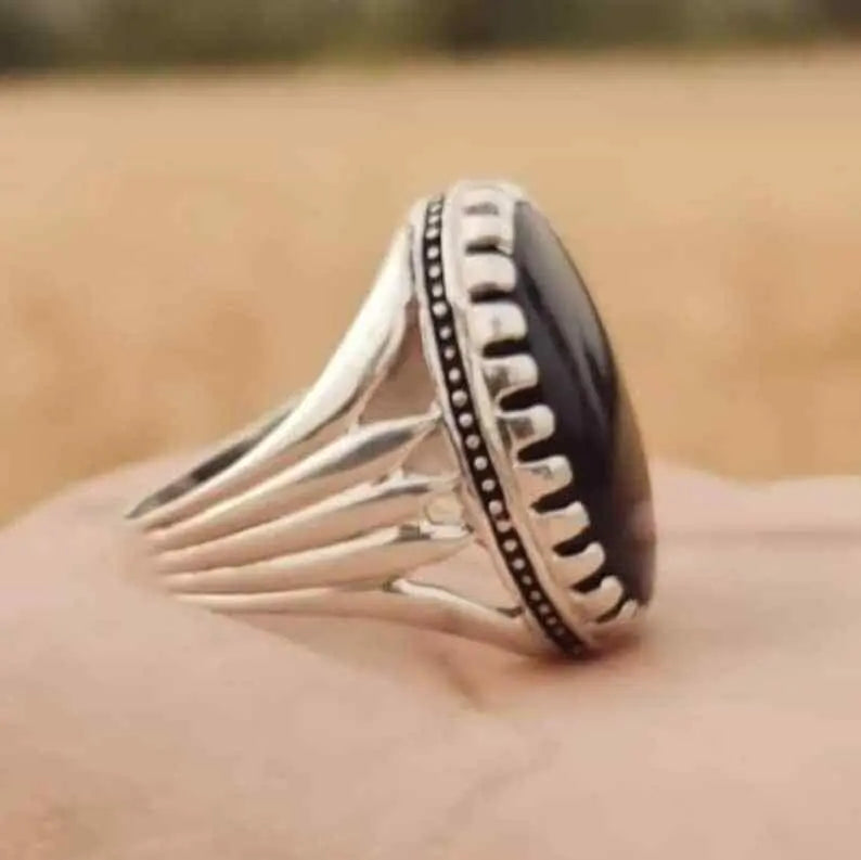 Mens Agate Ring Handmade Aqeeq Ring Black Yemeni Aqeeq Ring man ring akik Sterling Silver 925 (Premium Quality) - Heavenly Gems