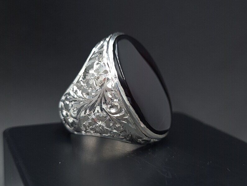 Mens Black Aqeeq Ring natural Agate Ring for Men Shifat Al Abad Yemeni Aqeeq Ring - Heavenly Gems