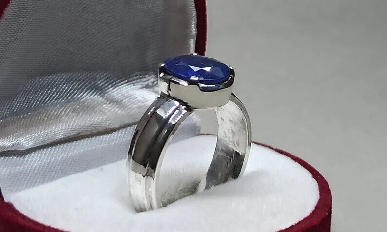 4.4 Carat Blue Sapphire Ring Sterling Silver 925 Handmade Neelam Ring September - Heavenly Gems