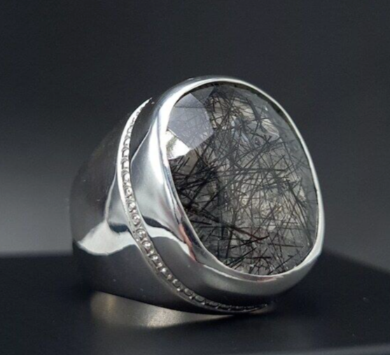 Natural Muh e Najaf Mens Sterling Silver 925 Handmade Ring Rutilated Quartz Ring - Heavenly Gems