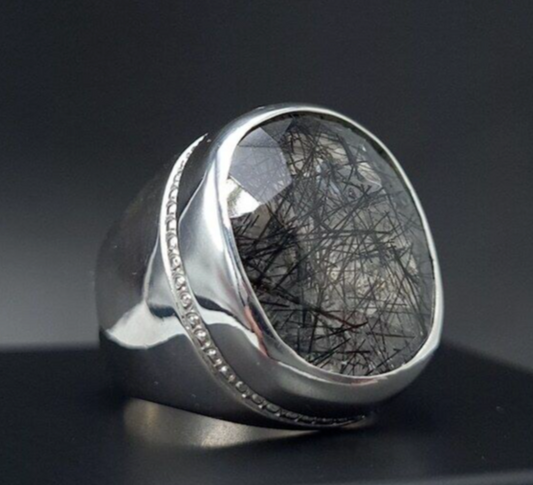 Natural Muh e Najaf Mens Sterling Silver 925 Handmade Ring Rutilated Quartz Ring - Heavenly Gems