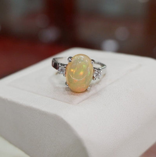Christmas Natural Opal ring 18kt white gold ring , engagement ring, Diamond ring - Heavenly Gems