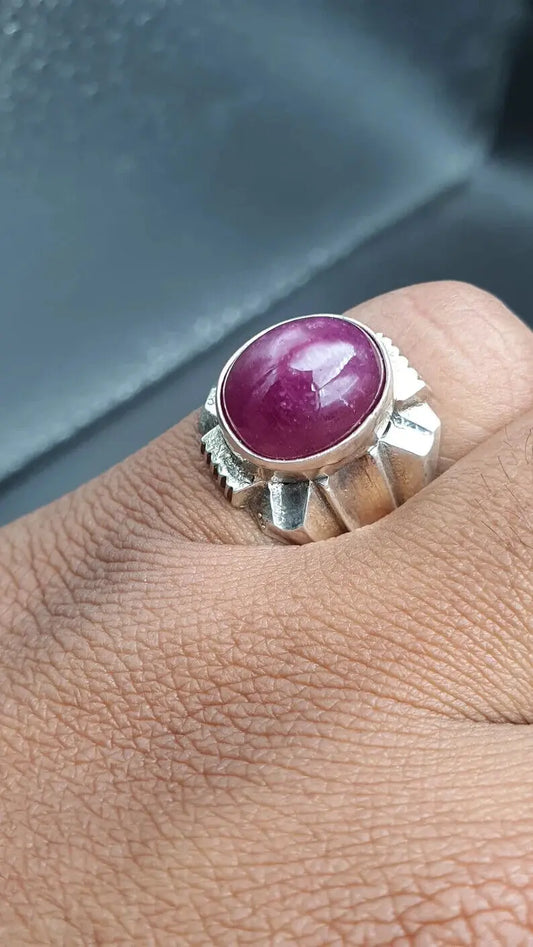 Natural Ruby Ring For Men Big Cabochon Ruby 925 Sterling Silver Handmade Ring - Heavenly Gems