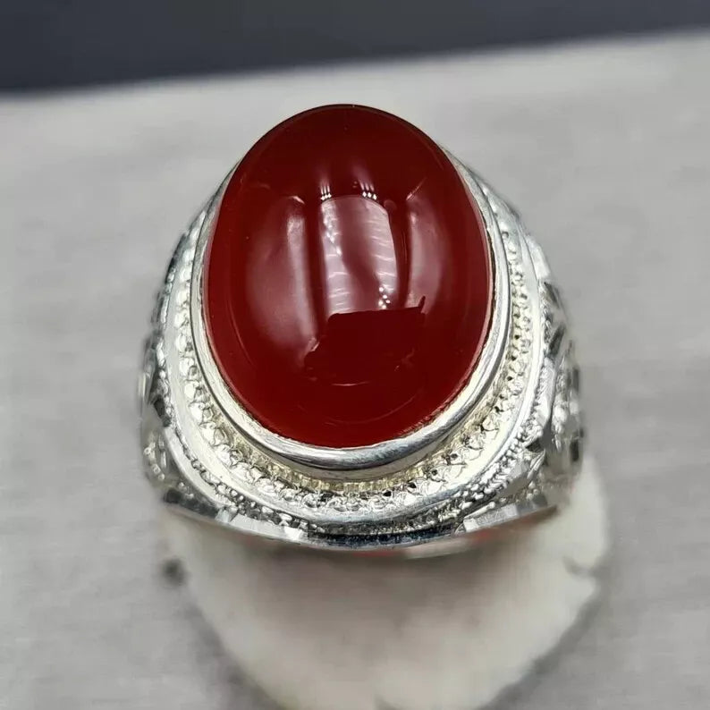 Men's Natural Red Yemeni Agate Stone Ring - Hand-Engraved Artisan Design - Heavenly Gems