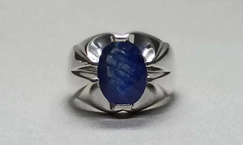 4.6 Carat Sapphire Ring Sterling Silver Handmade Mens Ring Natural Blue Sapphire - Heavenly Gems
