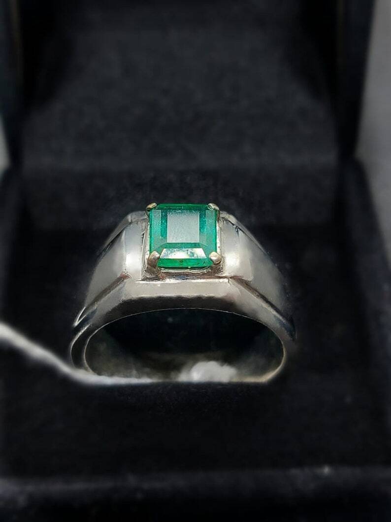 Natural Vivid Green Emerald Mens Ring Sterling Silver 925 Ring Handmade Emerald - Heavenly Gems