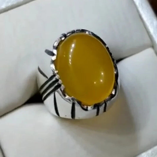 Yemeni Aqeeq Rings Natural Zard Aqeeq Ring Carnelian Yellow Agate Silver 925 men - Heavenly Gems