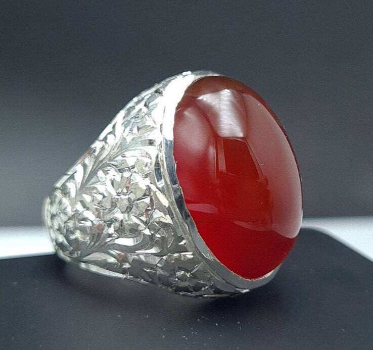 Mens Yemeni Aqeeq Ring Deep Blood Red Yamni Oval Cut Agate Ring For Men Natural Agate 925 Sterling Silver - Heavenly Gems
