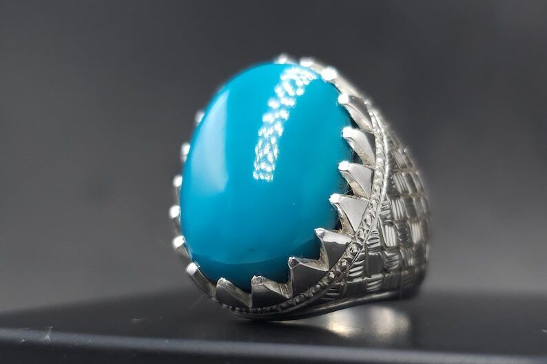 Rare Natural Feroza Turquoise Ring For Men 925 Sterling Silver Ring Shia Ring - Heavenly Gems