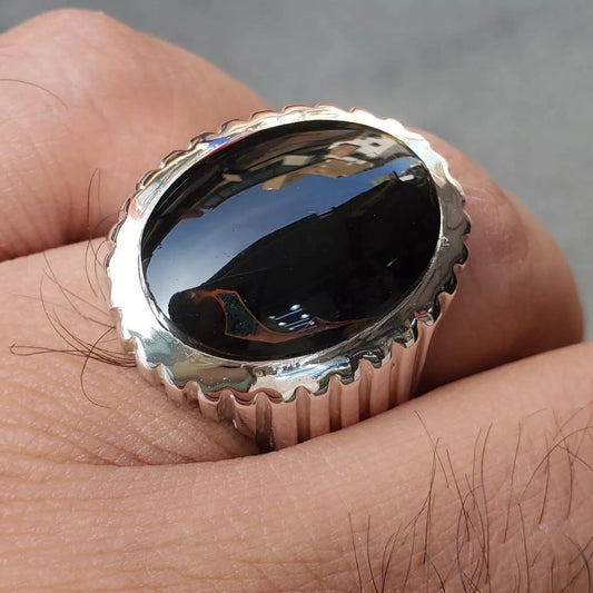 Mens Black Aqeeq Ring natural Oval Cut Agate Ring for Men Shifat Al Abad Yemeni Aqeeq Ring man - Heavenly Gems