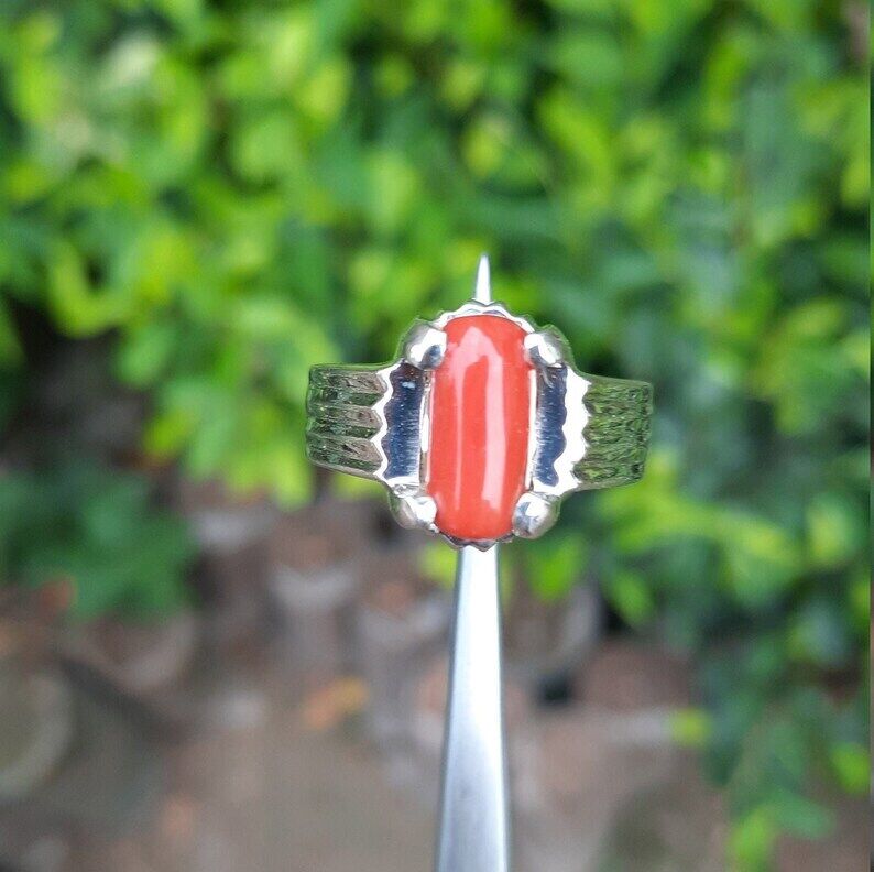 Red Coral Ring Men Natural Marjan Stone Ring in 925 Silver Coral Gemstone Ring - Heavenly Gems