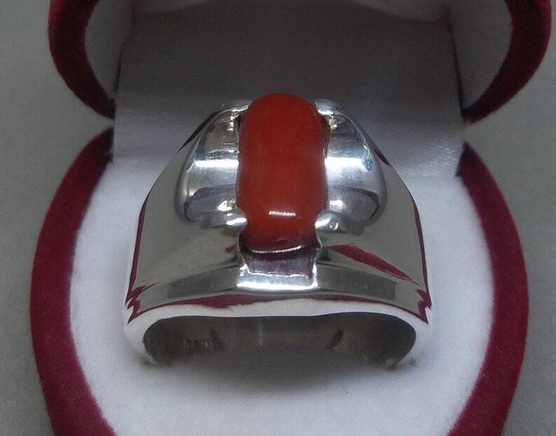 Natural Unheated Untreated Deep Red Coral Mens Ring Sterling Silver 925 Ring - Heavenly Gems