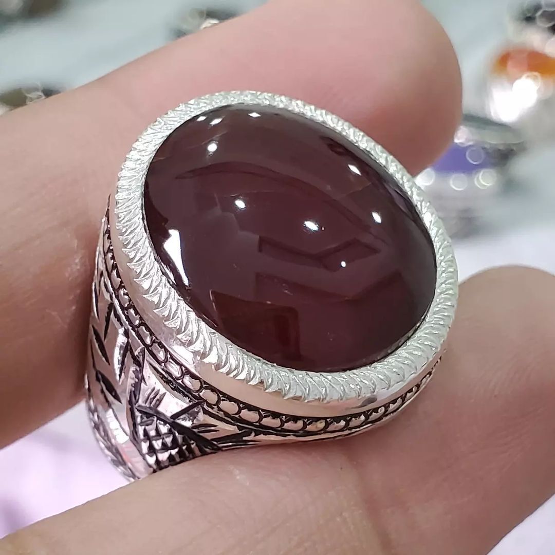 Mens Yemeni Aqeeq Ring Deep Blood Red Yamni Agate Ring For Man Natural Agate - Heavenly Gems