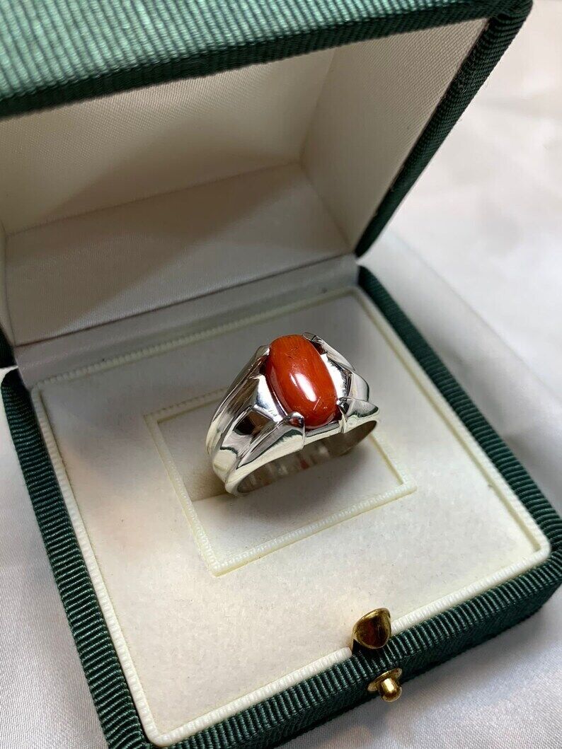 Natural Mens Red Coral Ring Sterling Silver 925 Handmade Ring High Quality Coral - Heavenly Gems