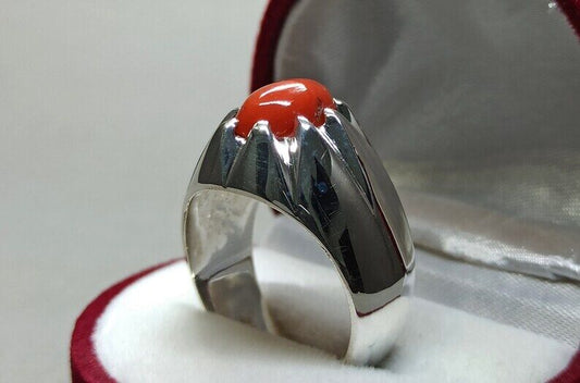 Natural Deep Red Australian Coral Mens Ring Sterling Silver 925 Dark Red marjan - Heavenly Gems