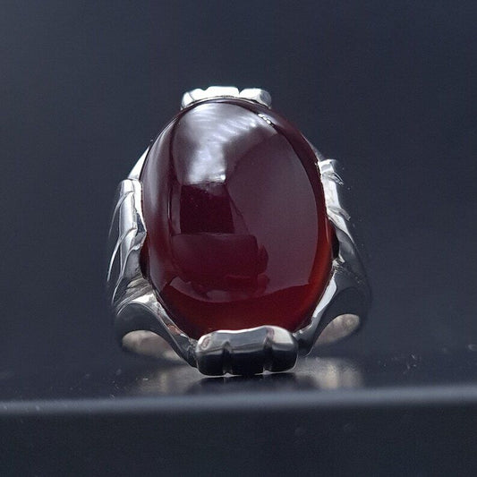 Mens Yemeni Aqeeq Oval Cut Ring Deep Blood Red Yamni Agate Ring For Men Sterling Silver 925 - Heavenly Gems