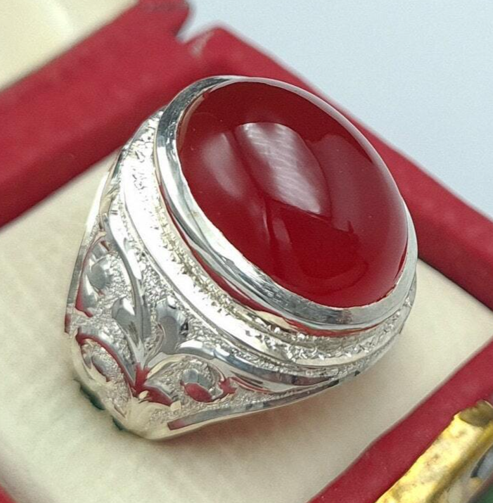 Mens Deep Blood Red Shifat al Abad Yemeni Aqeeq Ring Aqeeq agate Ring Akik Ring 925 Sterling Silver - Heavenly Gems