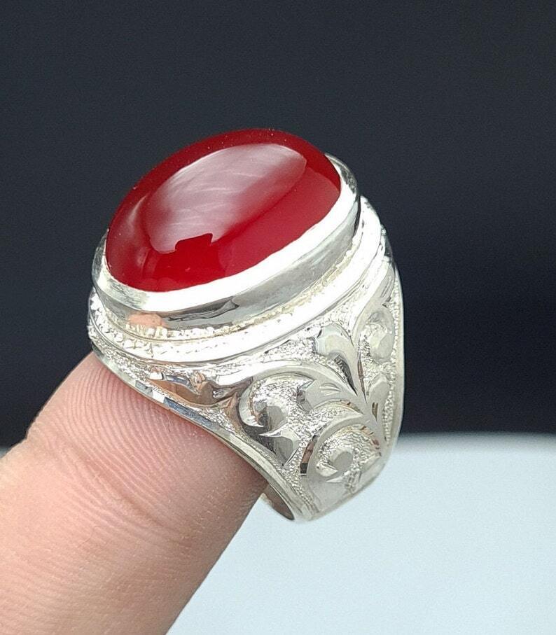 Mens Deep Blood Red Shifat al Abad Yemeni Aqeeq Ring Aqeeq agate Ring Akik Ring 925 Sterling Silver - Heavenly Gems